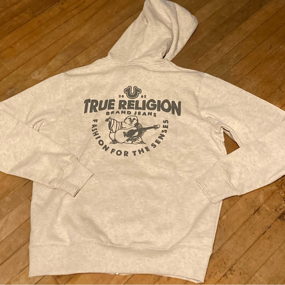 cream and silver true religion zip up hoodie